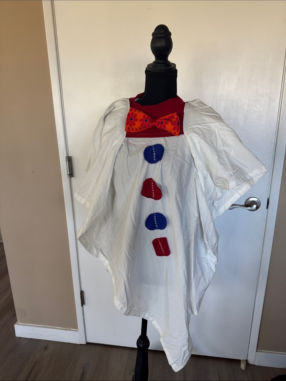 Hand Crafted White Clown Costume with Red Collar and Blue Buttons